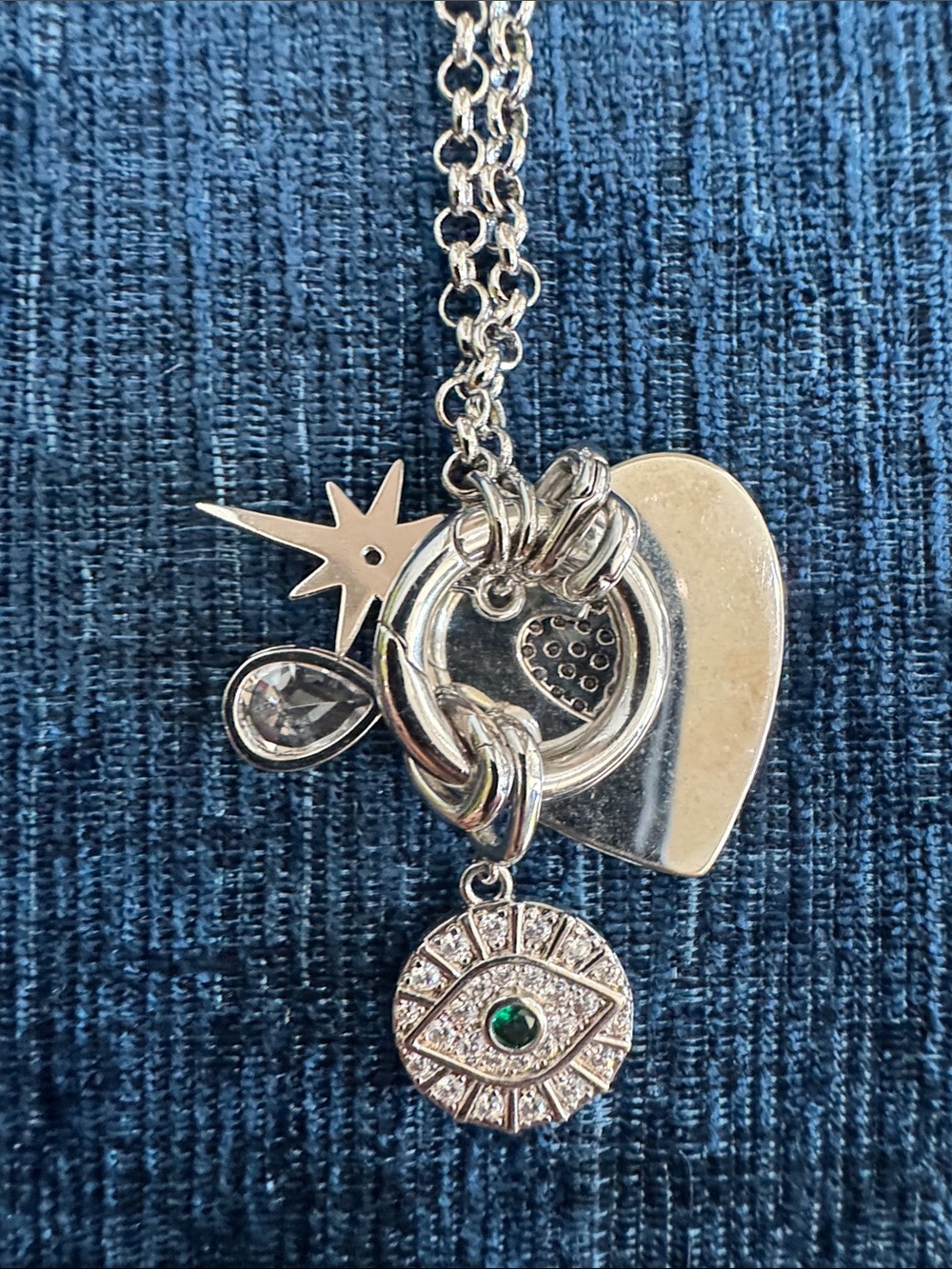 Silver Multi-Charm Heart Necklace - Layered Pendant Necklace Fashion Jewelry